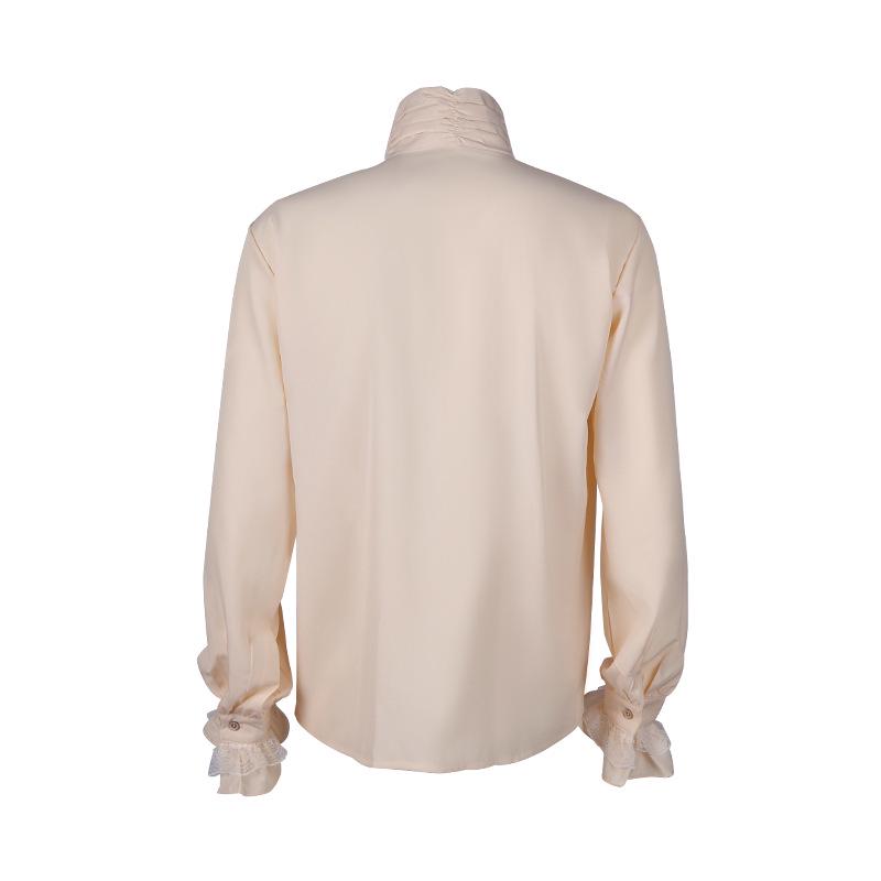 Gothic Ruffled Stand Collar Men's Long Sleeve Tie Shirt with Pleated Cuffs