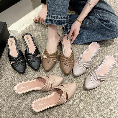 Heli Shark New Summer Fashion Solid Color Pointed Half Drag Casual Wear Thick Heel Women's Shoes Hollow Low Heel Sandals
