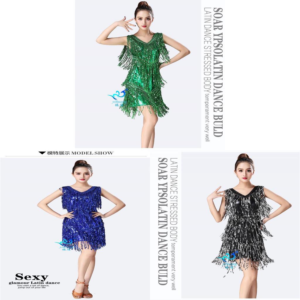 Abito da Danza Latina con Paillettes e Frange per Performance e Competizione Donna