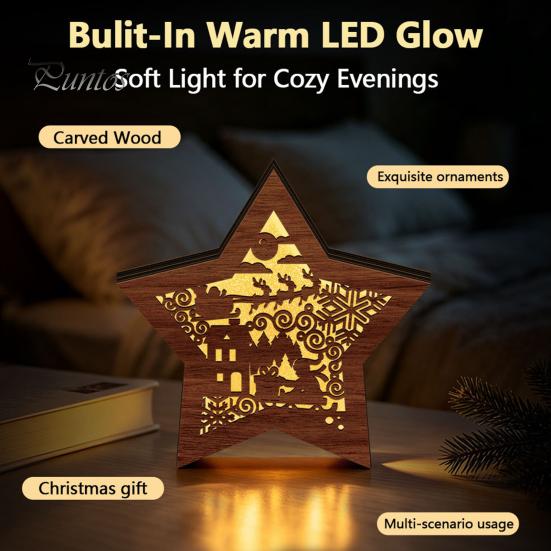Atmospheric Room Lighting 3D Wooden LED Christmas Night Light, Hollow Carved Tabletop Decor Table Lamp with Warm Glow, Festive Holiday Home And Office