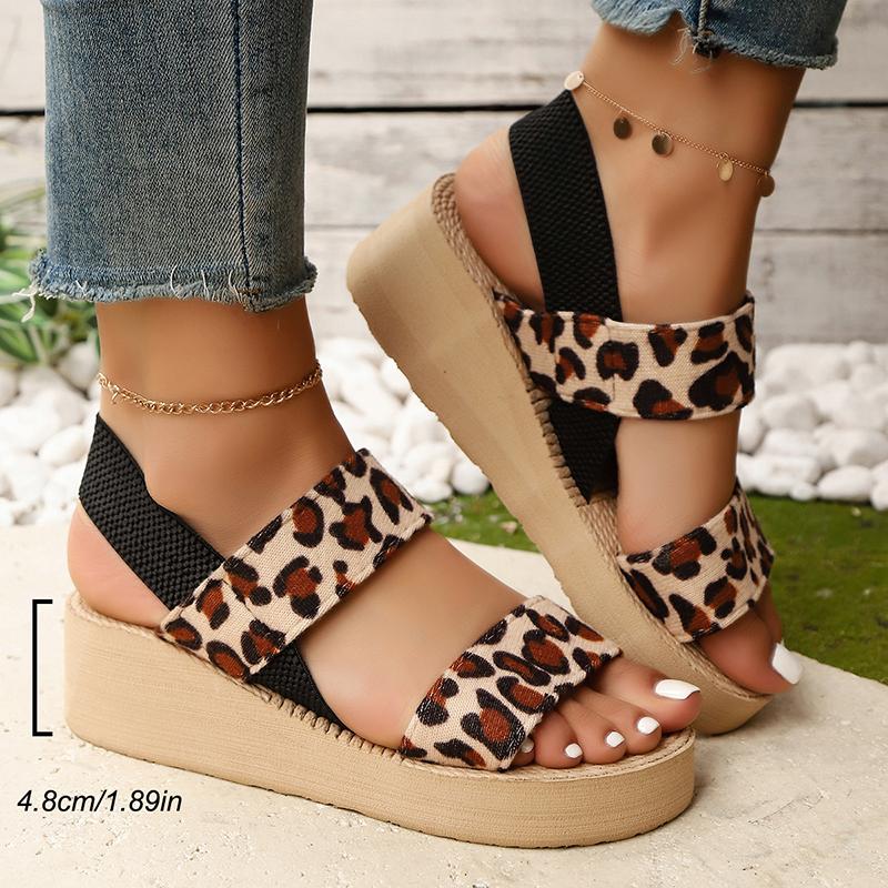 Fashion Summer Leopard Open Toe Sandals for Women Fashion Back Strap Med Heel Sandal Woman 2025 Thick Platform Wedge Sandals Female