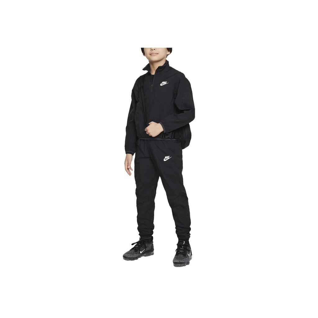 Nike Loose Stand Collar Mid-Waist Solid Color Zip-Up Long Sleeve Casual Sport Suit Kids Sportswear Black FD3058-010