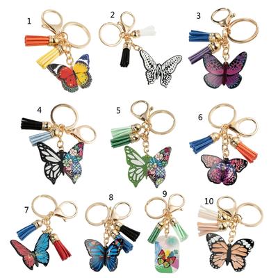 Cute Alloy Heart Buckle Keyring Small Fresh Acrylic Colorful Butterflies Tassels Keyholder Bag Pendant for Women