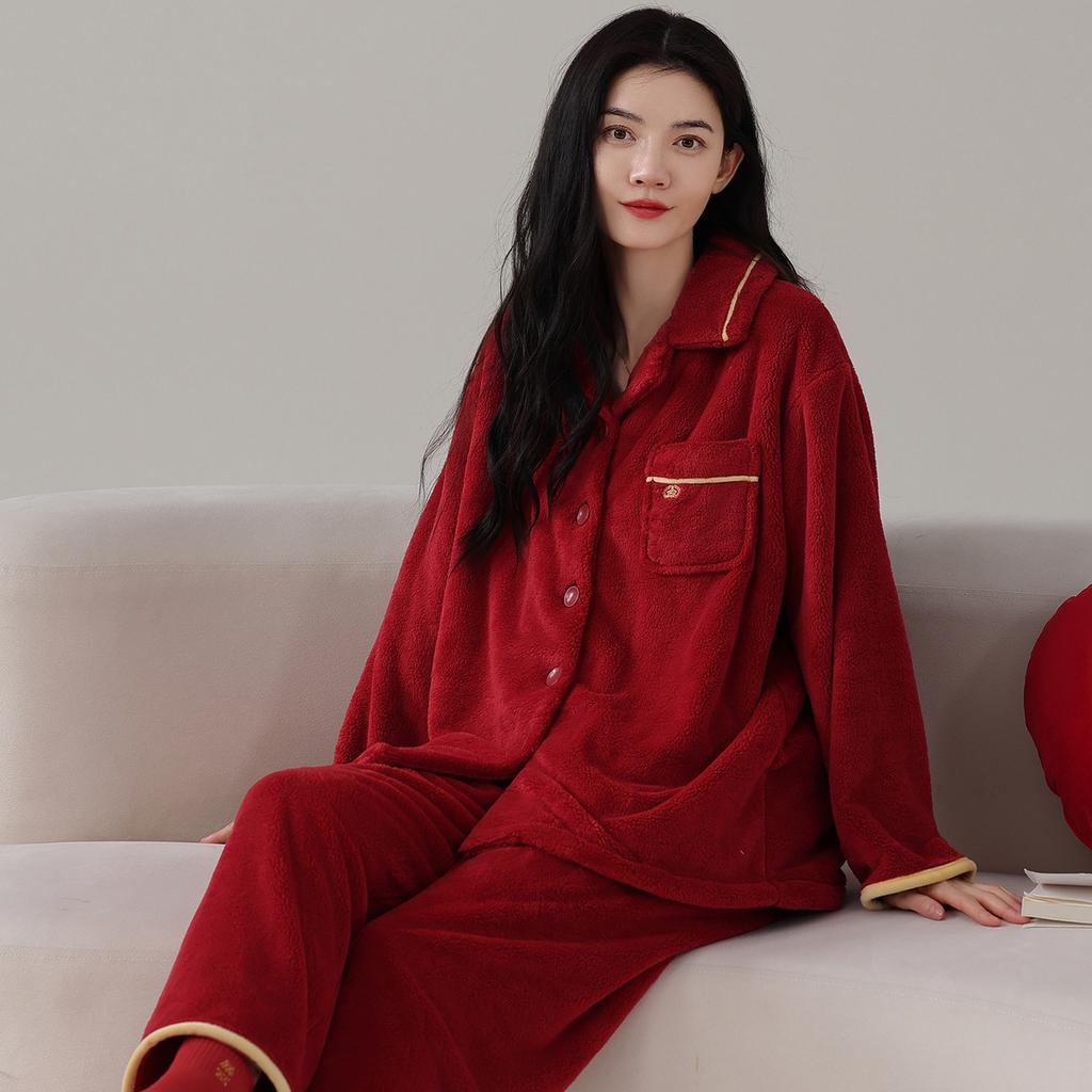 Coral Fleece Red Wedding Pajamas Newlywed Couple Suit Autumn And Winter Thickened Flannel Natal Year Loungewear For Men And Women