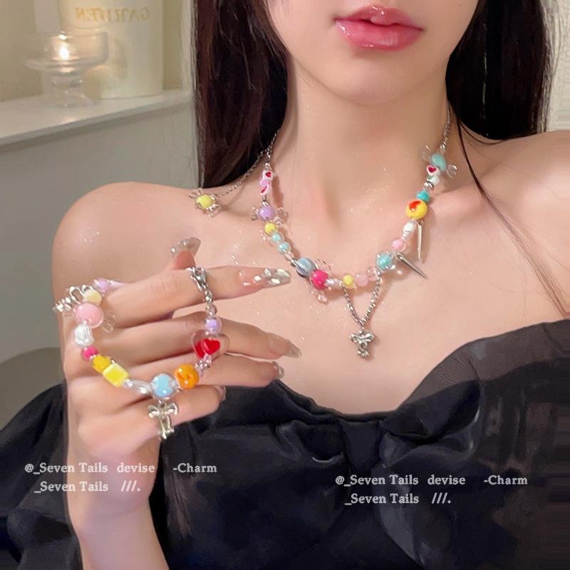 Rainbow Candy Necklace Women INS Niche High Sense Viral Internet Accessories Sweet Cool Girls Clavicle Chain Trend Neck Chain