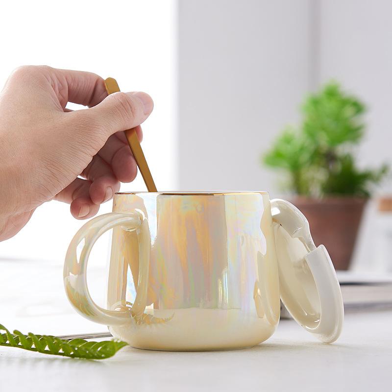 High-Value Ceramic Water Cup With Lid And Spoon, Household High Temperature Resistant Office Small Fresh And Simple Wind Cup