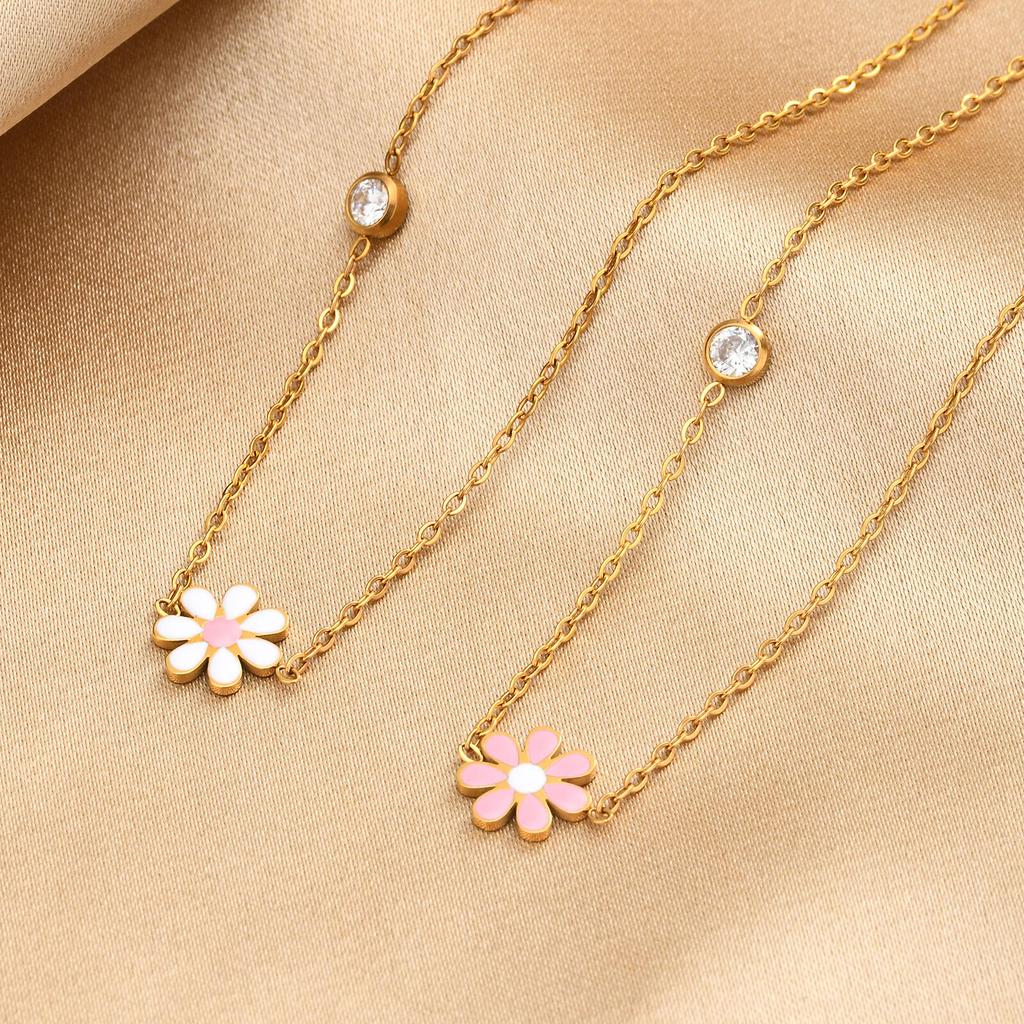 Enamel Daisy Flower Necklace,Stainless Steel Thin Link Bezel CZ Chain,Waterproof Tarnish Free Gift for Women