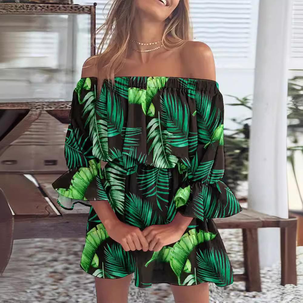 2026 European and American cross-border Amazon independent station sexy fashion one-word shoulder printing dress women's clothing, spot