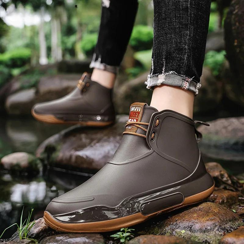 Couple RainBoots Non Slip Fishing Rubber Galoshes Waterproof Garden Work Boots for Women Laced Ankle Rainboot Bota Lluvia Hombre