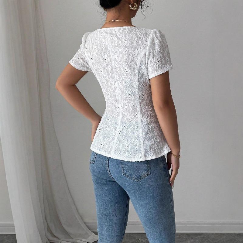 Women's Summer Fashion Elegant Casual Lace Shirt Square Neck Bow Short Sleeve Top