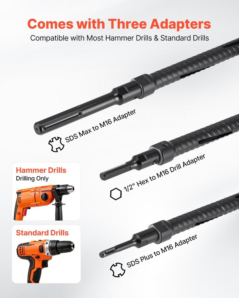 Core Drill Bit, 25 Mm Diameter, 241 Mm Drilling Depth, M16 Internal Thread, Diamond Dry Coring Bit with 3 Adapters, Pilot Drill and Hex Wrench, for