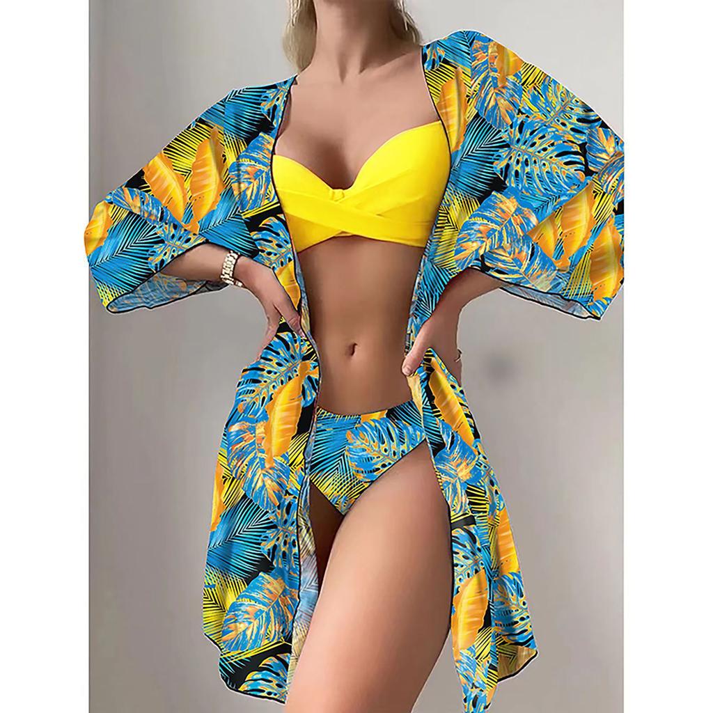 Swimsuit Women's Suspender Cardigan Three-piece Bikini Sunscreen Blouse Split High Waist Swimsuit