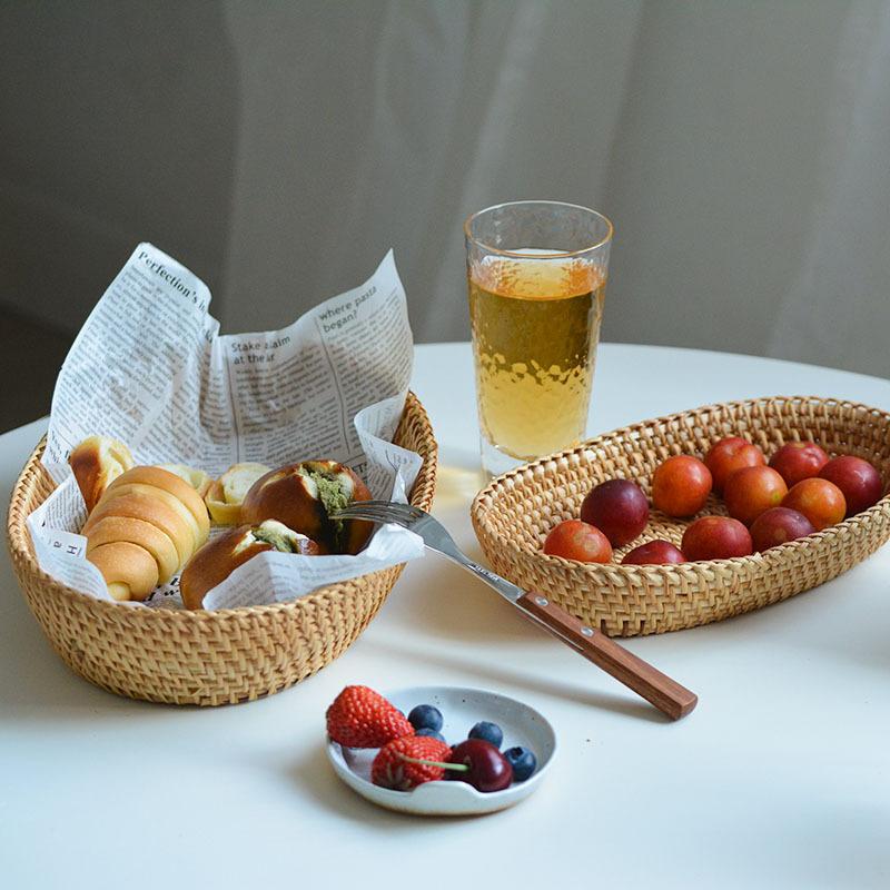 Rattan basket wooden woven basket fruit plate bread snack groceries steamed bun dining table coffee table top storage basket