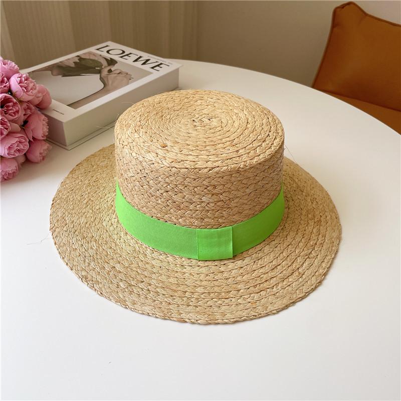 Raffia Boater Hats Women Summer Hat with Ribbon Band flat top Sun Hat Wide Brim Beach Hat Ladies Canotier Hat