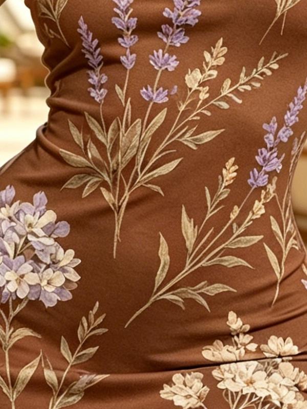 Women's Elegant Lavender Floral Sleeveless Bodycon Mini Dress, High Waist Slim Fit Casual and Party Wear