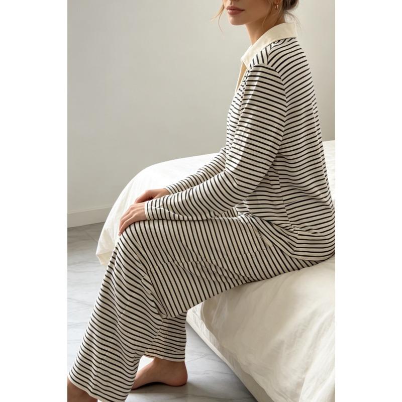 TIFICY Women's Fashion Spring Autumn Stripe Print Long Sleeve POLO Neck Casual Pajama Set