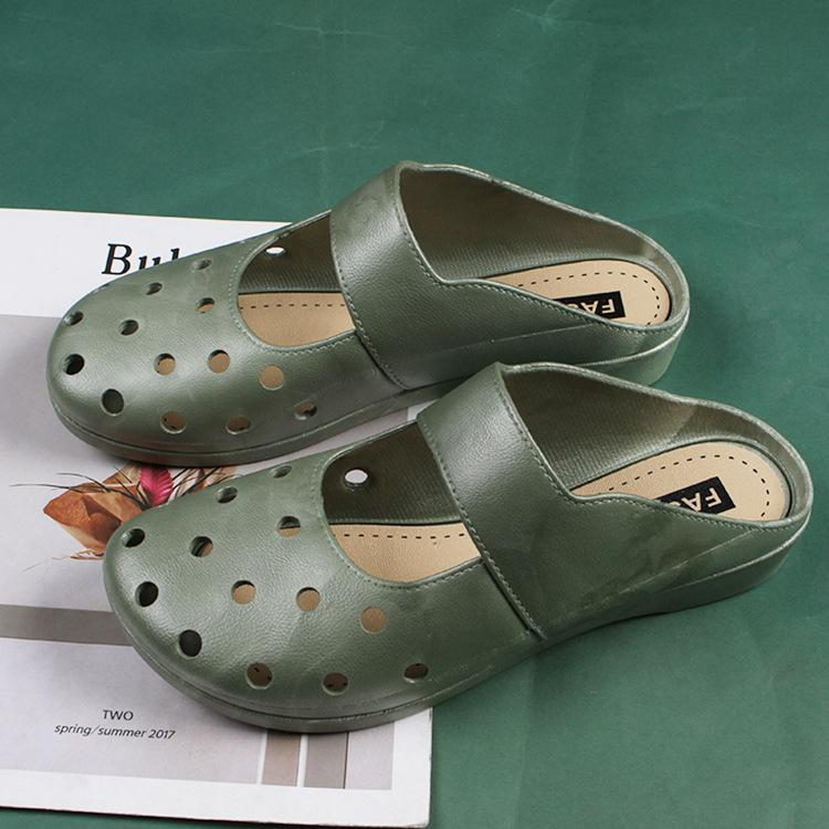 Heli Shark's New Fashion Bag Head Hollow Hole Shoes Flat Women's Spring and Summer Home Wear Casual Half Slippers