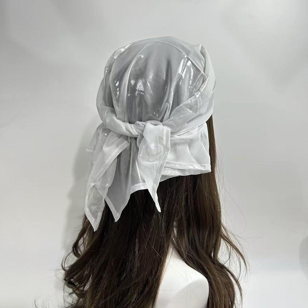 Polyester Shiny Metallic Bandana Stripe Satin Square Turban Liquid Silvery Headscarf  Outings