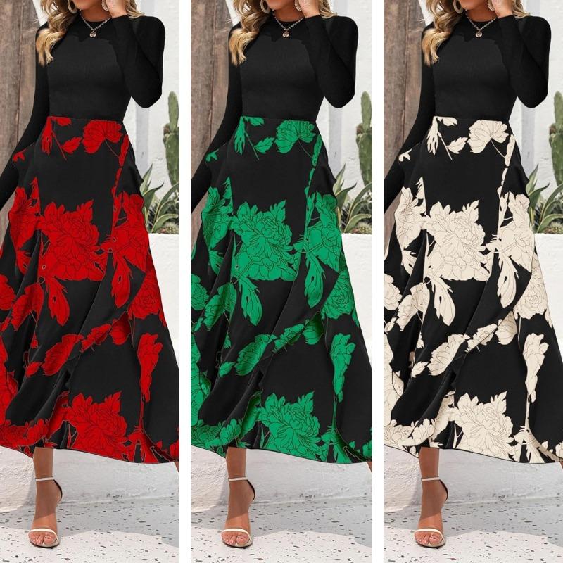 Rochie Casual Elegantă Slim cu Mâneci Lungi de Primăvară pentru Femei, Modă Toamnă, Imprimeu Îmbinat, Rochii Lungi Vintage pentru Femei, Talie Înaltă, Linie A, Rochie Sexy de Petrecere 25943