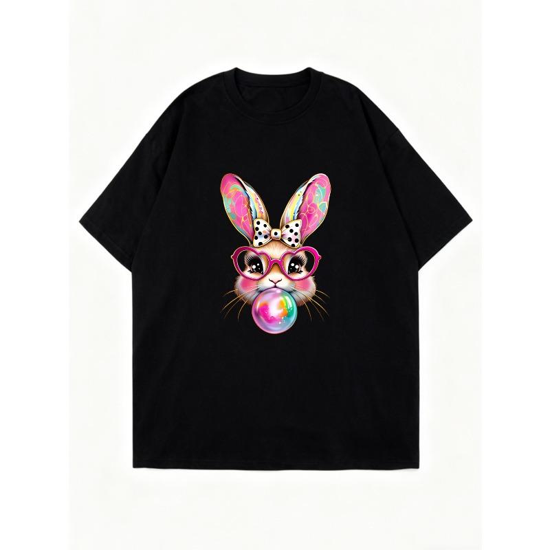 Oversized T Shirt Black Bunny With Glasses And Bubble Gum Print Casual Wear For Women