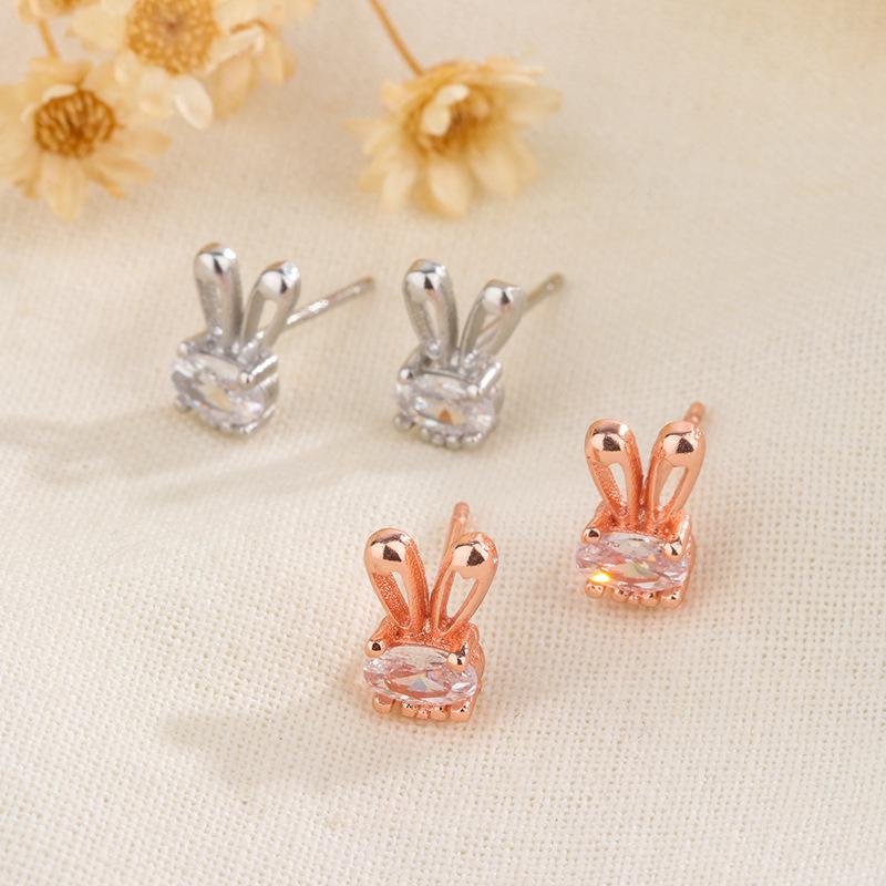 S925 Silver Cute Bunny Stud Earrings Micro Paved CZ Sweet Ladylike Small Rabbit Ear Jewelry For Women Girls