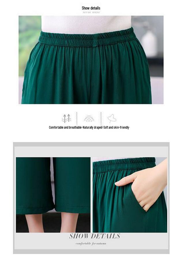 Summer Cotton Silk High-Waisted Wide-Leg Pants for Middle-Aged Women: Three-Quarter Length, Elastic, Plus Size Casual Wear