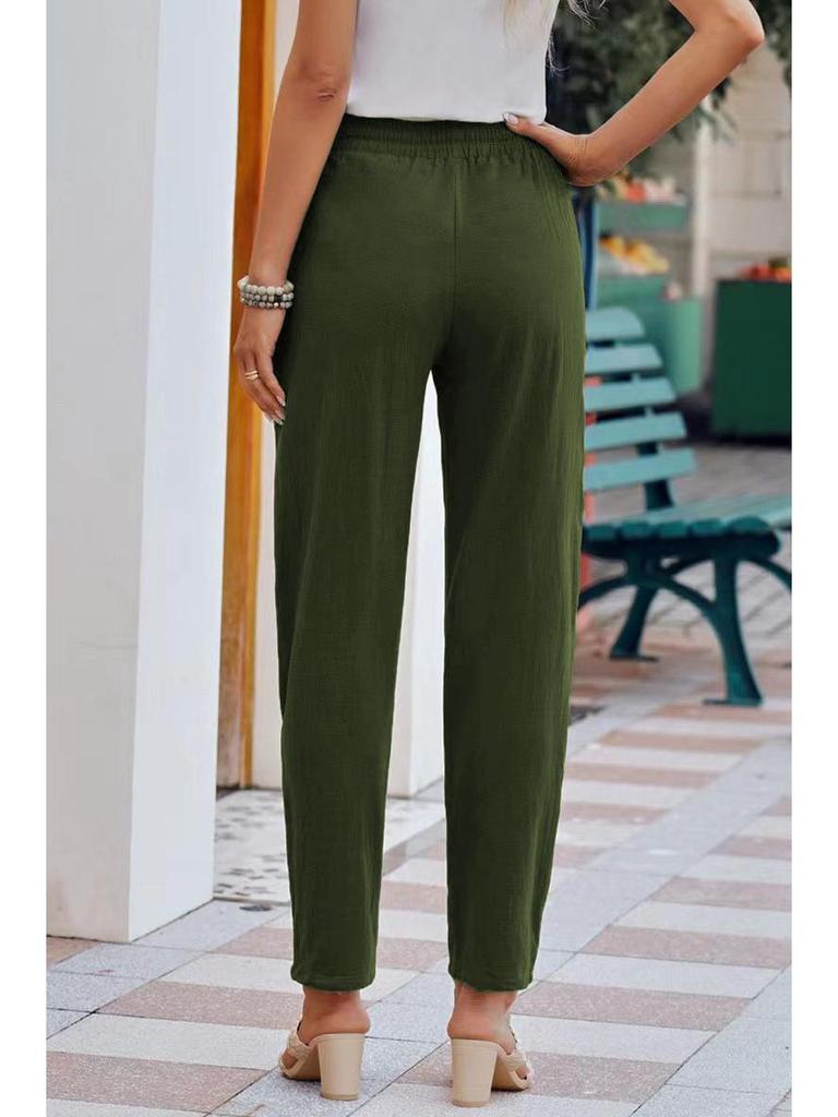 Herbst Damen Baumwoll-Leinen Kordelzug Weitbein Hose
