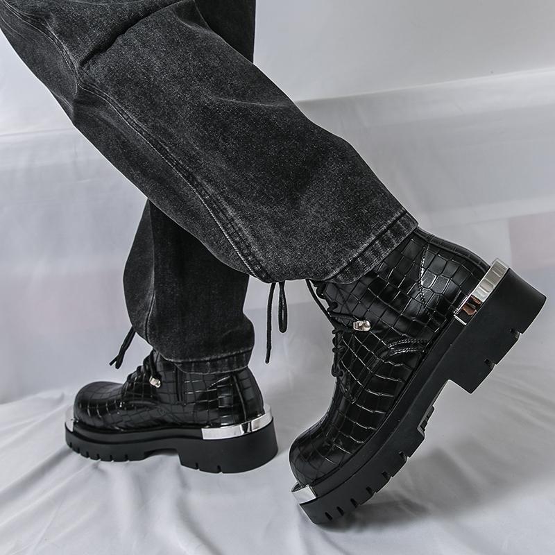 Men’s Retro Thick Sole Platform Punk Boots Elevator Street Style Big Head Motorcycle Boots High Boots Plus Size