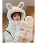 Women's Fleece-Lined Winter Hat & Scarf Three-Piece Set with Gloves and Hooded Rabbit Ears