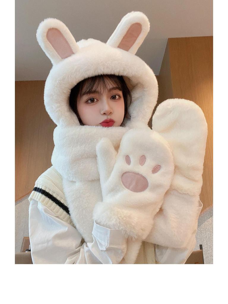 Women's Fleece-Lined Winter Hat & Scarf Three-Piece Set with Gloves and Hooded Rabbit Ears