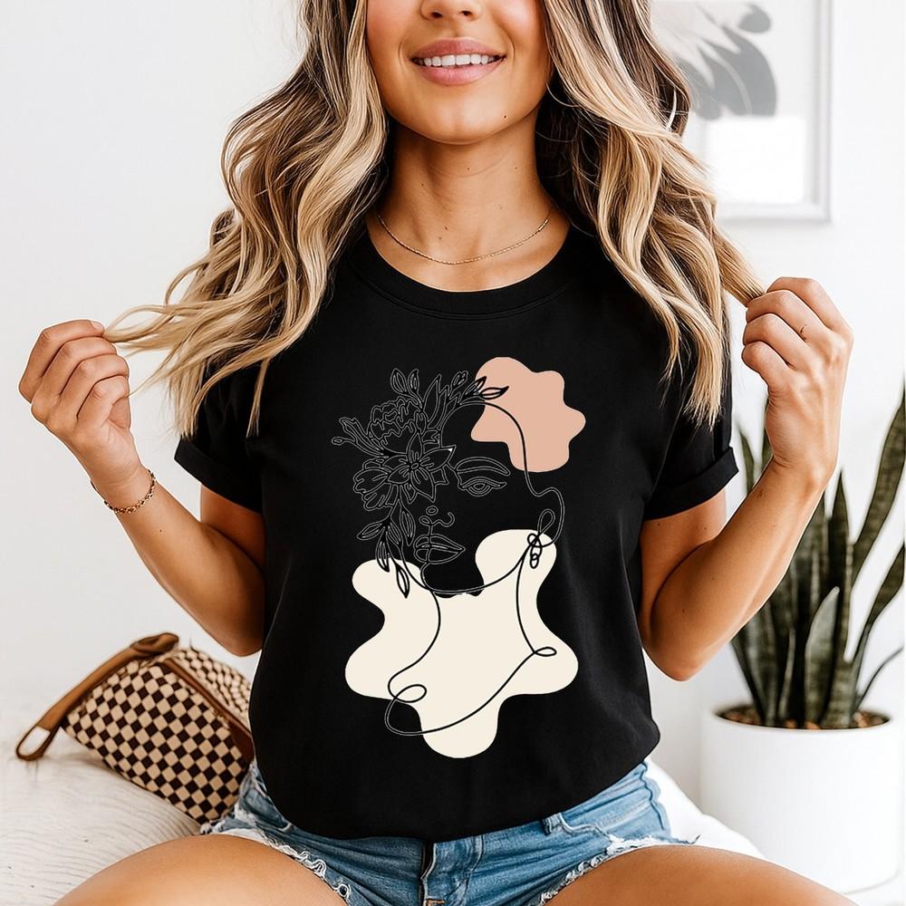 Unisexs Abstract Face Line Art T Shirt Unisex With Flowers Minimalist Tee