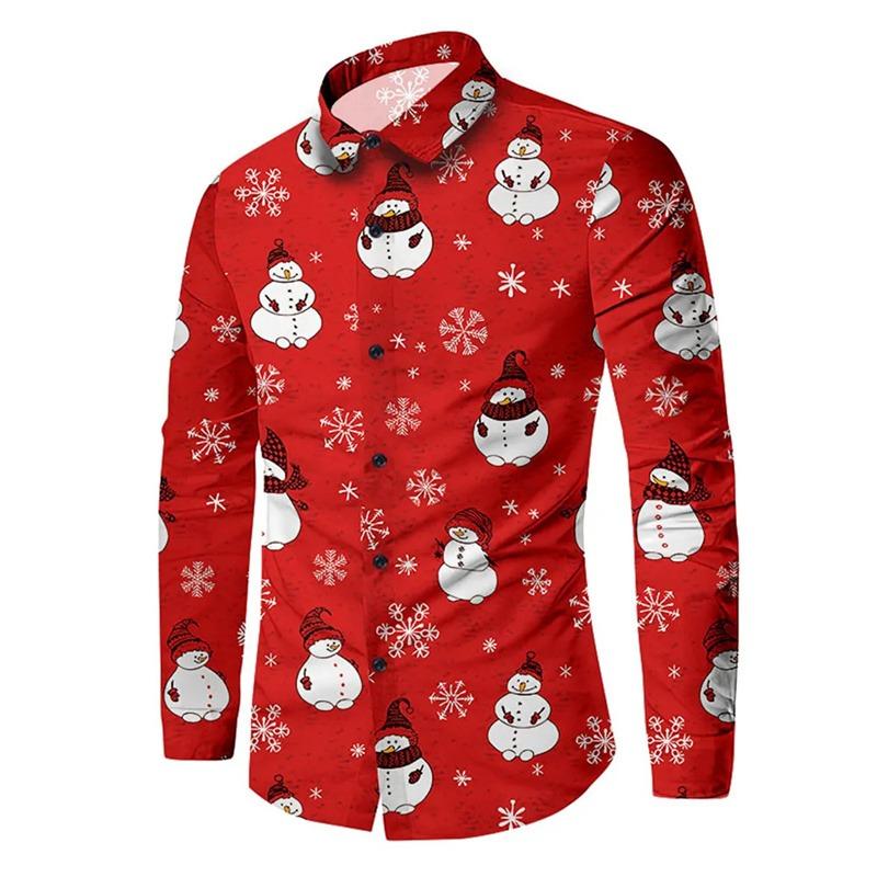 2026 Christmas Long Sleeve Shirt Lapel Men's Button Up Shirt Autumn Christmas Snowman 3D Printed Men's Casual Party Holiday Top