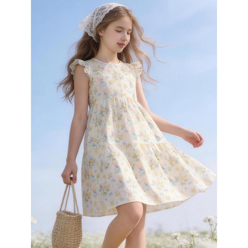 2026 Summer Floral Cotton Princess Dress for Girls - Pastoral Style 150 cm