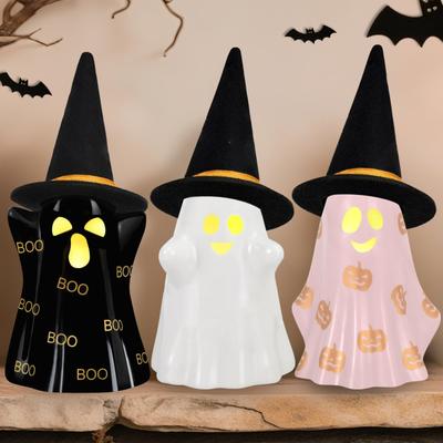 3 Stück Halloween Innendekoration, Niedliche Gruselige Leuchtende Dekorative Figur Hexenhut, Geeignet für Zuhause Kaminsims und Tisch