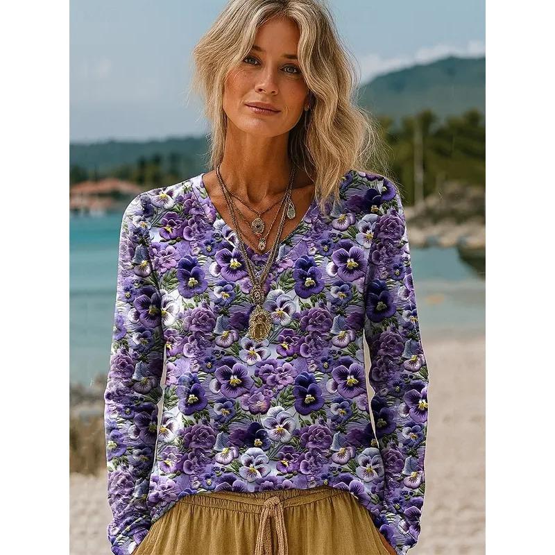 

2025 Women s T-Shirts Floral Graphics Plants Elegant Fashion Tees Long Sleeve T-shirts V-Neck Regular Tops Casual Pullover Fall S