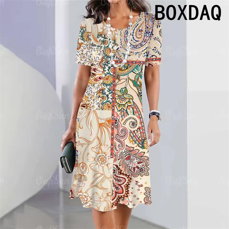 Summer Woman's Short Sleeves Dresses Geometric Pattern Print A-Line Dress 3D Retro Elegant Holiday Loose Dress Big Size Vestidos