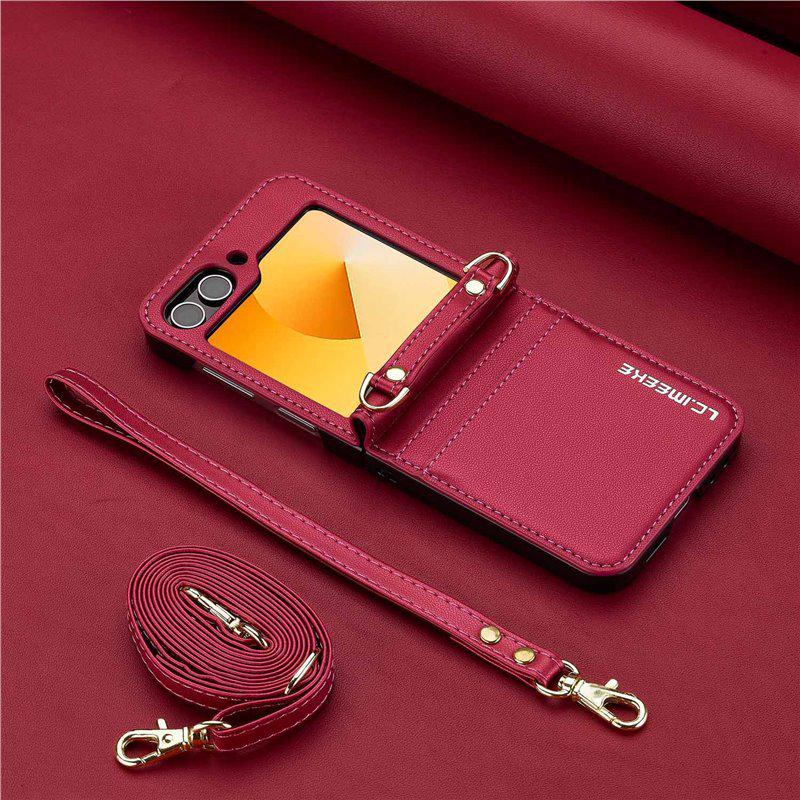Compatible with Samsung Z Flip7/6 Leather Crossbody Strap Case, Z Flip5 Card Slot 3-Fold Cover.