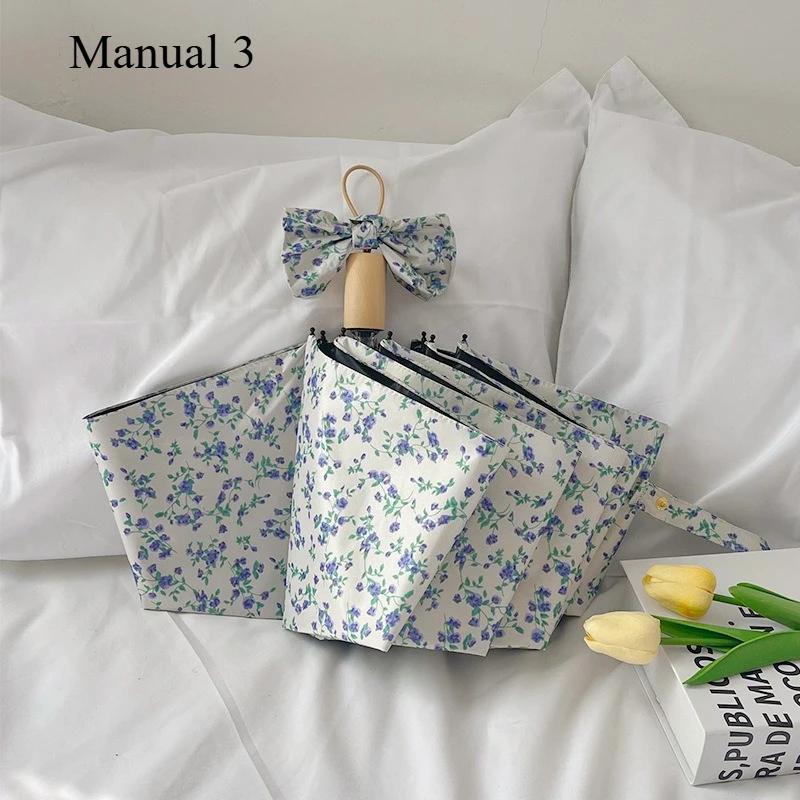 

1 шт. Маленький синий зонт с цветочным принтом, Нежный стиль, Защита от солнца, Трехслойный автоматический зонт для любой погоды metal-fiber composite&8K