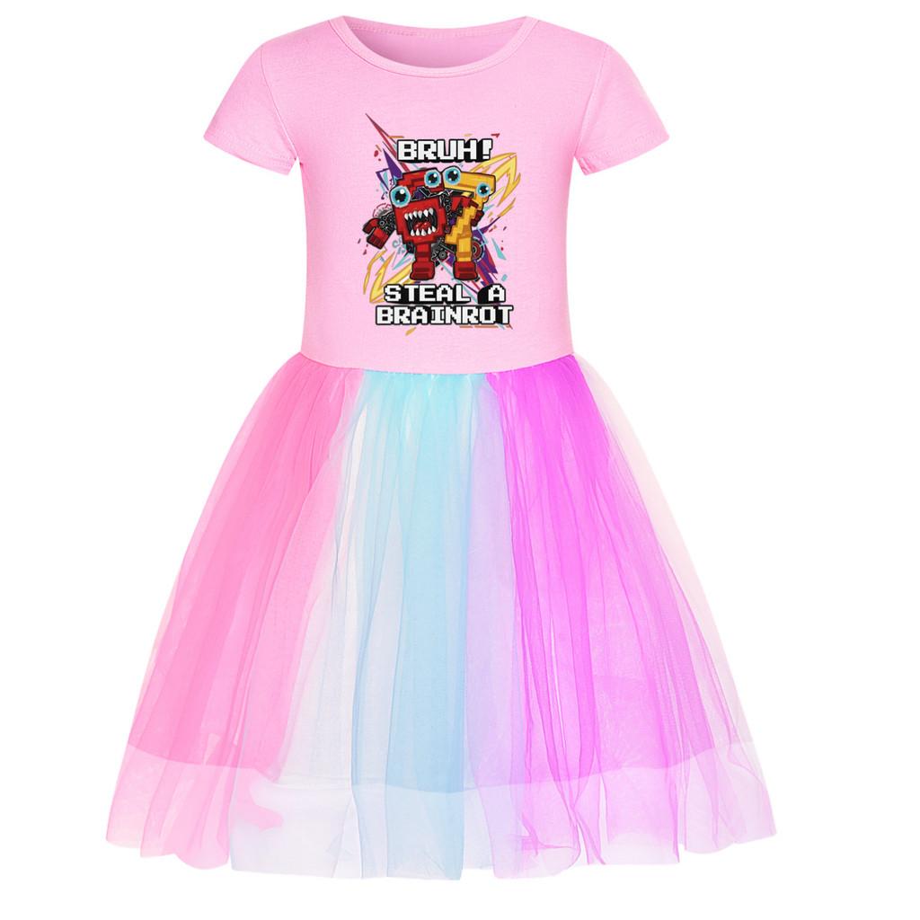 5227 Kids Girls Steal a Brainrot 67 Six Seven Print Mesh Rainbow Round Neck Casual Casual Cotton Dress