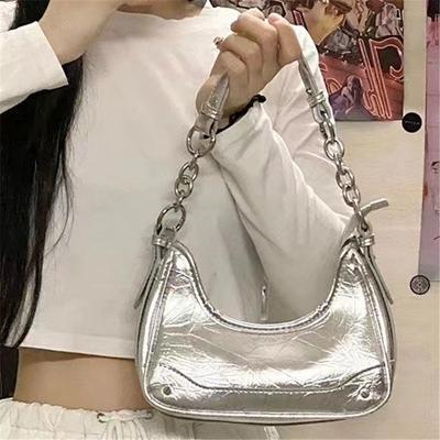 Sac Argenté pour Dames Nouveau Sac Niche Portable à Chaîne Baguette Sac Sous-Bras Haut de Gamme Tout Assorti Sac Messager à Épaule