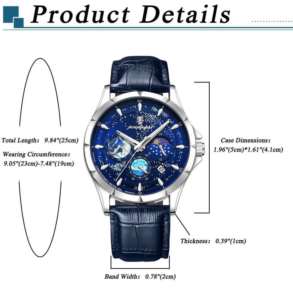 Genuine Leather Blue Starry Luminous Analog Calendar 3ATM Waterproof Quartz Romantic Stylish Casual Fashion Accessories Birthday Anniversary Christmas