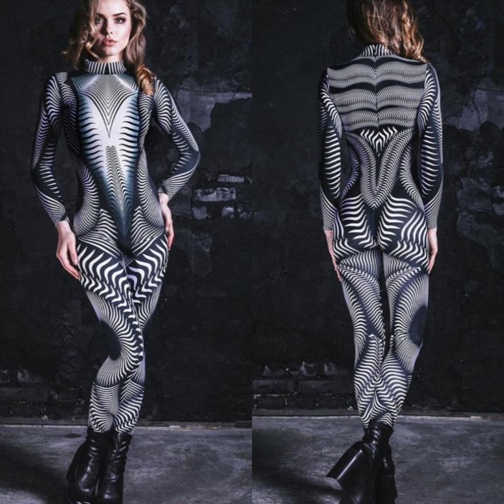 Unisex Cyber Punk 3D Digital Stripe Printing Halloween Party Role Play Outfit Women Men Cosplay Costume Carnival Jumpsuit