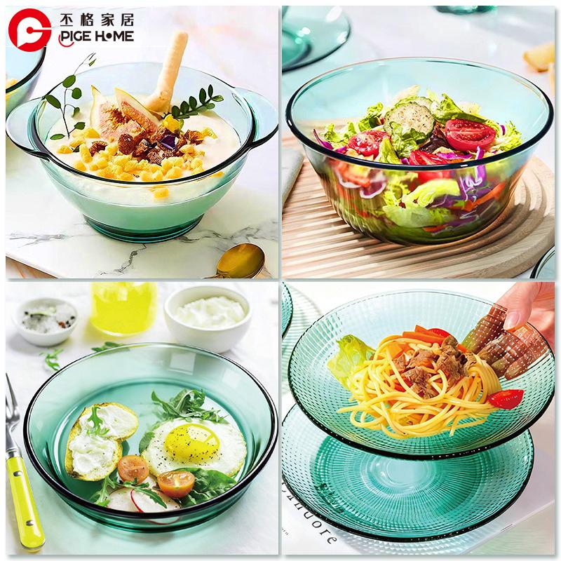 PIGE HOME Hochwertiges Borosilikatglas Geschirr Smaragdgrün Leichter Luxus Salatschüssel Speiseteller Hitzebeständige Glas-Wasserbecher