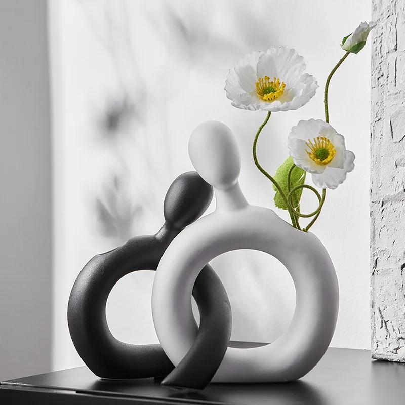 Creative Ceramic Figure Vase Couple Abstract Hollowed-out Flower Arrangement Ornaments Flower Vase Creative Display Home Decorat