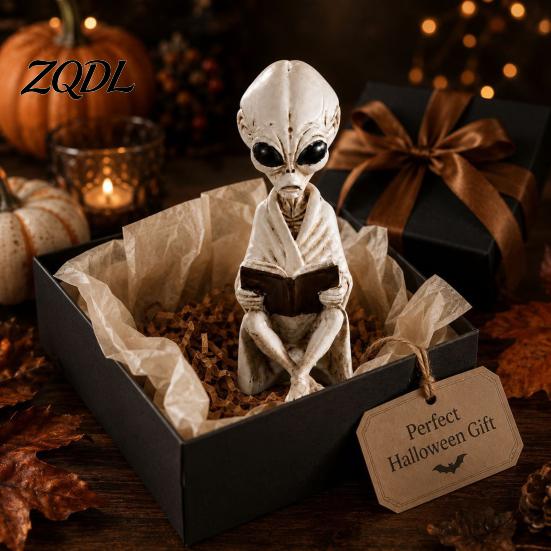 Cross-legged Skeleton Statues Alien Sitting Resin Statue, Retro Book Sci-Fi Dark Halloween Ornament, Unique Collectibles Durable Synthetic Figurine