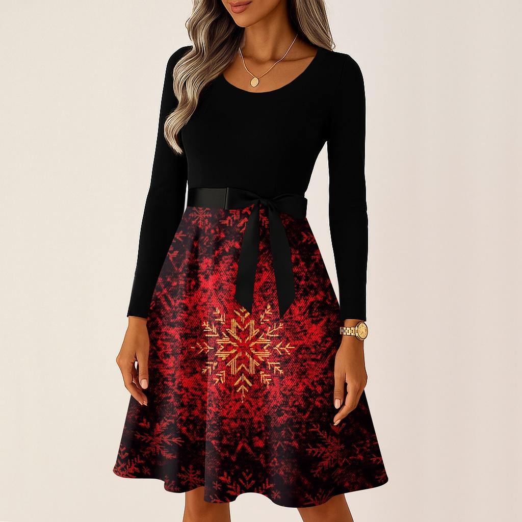 Kadın Günlük Moda Uzun Kollu Noel Grafik Baskılı Vintage Uzun Elbiseler