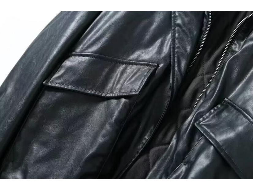 2024 A/W Women's Loose Faux Leather Coat with Removable Fur Collar - Style 24188