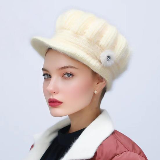 Women Knitting Hat Extended Brim Thickened Plush Winter Hat Solid Color Flower Decor Warm Hat Fashion Accessories