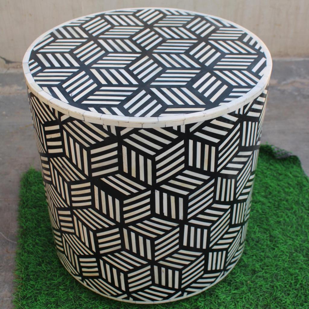 Wood Bone Inlay Drum Side Table, Bone Coffee Table Modern Patterned Cylinder Decor Table | Modern Cube Pattern Side Table | Central Table