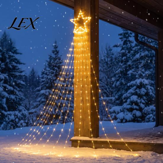 Reusable Holiday Garden Lighting Solar Christmas Tree Waterfall Light, 11.5FT 346 LED Powered String Light Durable Waterproof Strips with Star